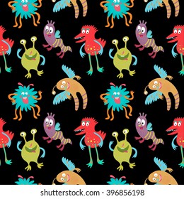 Seamless vector pattern with cute monsters on a black background