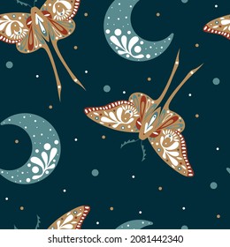 Seamless vector pattern with cute  moon moths and crescents on dark green background. Perfect for textile, wallpaper or print design