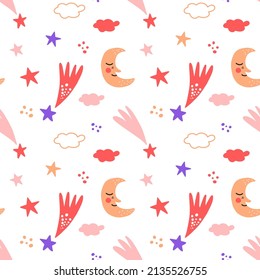 Seamless vector pattern with cute moons among falling stars on white background. Modern vector design for fabric and paper, surface textures.