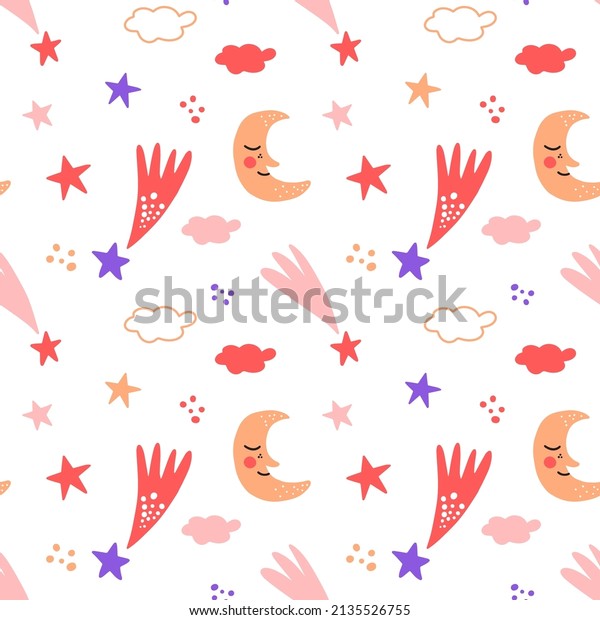 Seamless vector pattern with cute moons among\
falling stars on white background. Modern vector design for fabric\
and paper, surface\
textures.