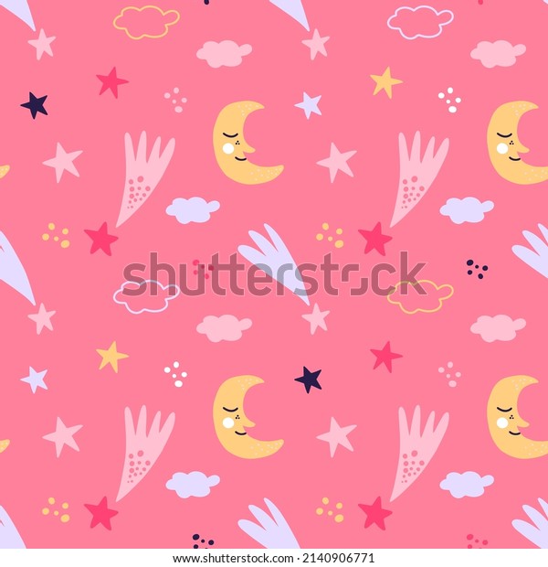 Seamless vector pattern with cute moons among\
falling stars on pink background. Modern vector design for fabric\
and paper, surface\
textures.