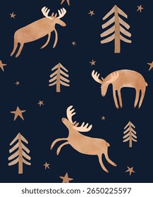 Seamless Vector Pattern With Cute Moos. Infantile Style Hand Drawn Endless Print with Moose, Stars And Trees on a Dark Blue Background.Wallpaper Woodland Animal Jumping And Running In The Forest. RGB.