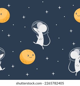Seamless vector pattern. Cute mouse astronaut. Smiling moon. Pattern for children's products 