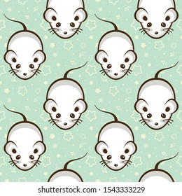 Seamless vector pattern with cute mouses with stars on light green background. Template for new year decoration, fabric, wrapping and textile print. Chinese zodiac sign 2020.