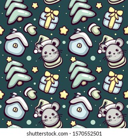 Seamless vector pattern with Cute mouses, gift boxes, christmas trees and cute winter houses. Vector illustration for holiday decoration. Template for fabric and wrapping.
