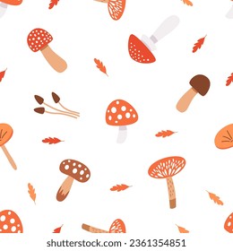 Seamless vector pattern, Cute mushrooms and fall leaves.