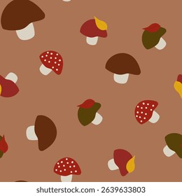 Seamless vector pattern of cute mushrooms in naive style on a rustic reddish-brown background. Perfect for whimsical fall designs.