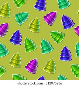 Seamless vector pattern with cute new year trees of different colors and snowflakes on a green background. Cartoon christmas trees. Bright x-mas illustration. Holiday wallpaper.