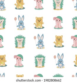 Seamless vector pattern with cute nursery outline colorful drawing little pets, rabbit, cat, dog and hedgehog. Baby animal concept illustration in cartoon style for nursery