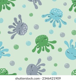 Seamless vector pattern with cute octopus and bubbles, blue, green. Textile, scrapbook, fabric