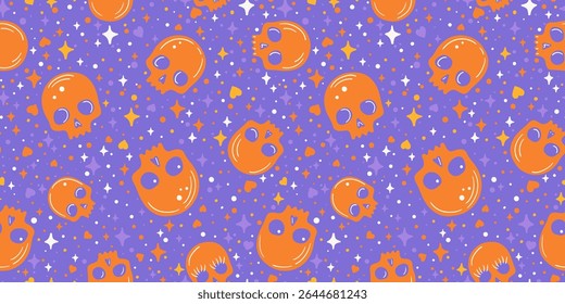 Seamless vector pattern with cute orange skulls, hearts and stars on purple background. Fun Halloween vector texture with stars and hearts. For festive fabric, wrapping paper, or website backgrounds.