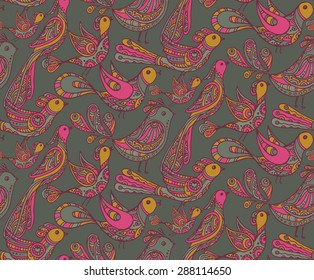 Seamless vector pattern with cute ornamental birds 