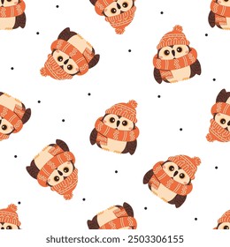 Seamless vector pattern. Cute owl in a hat and scarf. Cute winter New Year illustration 