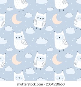Seamless vector pattern with cute owls, clouds, stars and moon. Pastel palette, blue background.