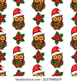 Seamless vector pattern of cute owls in Santa hats holding Christmas baubles, interspersed with poinsettia flowers, creating a festive and cheerful winter design.