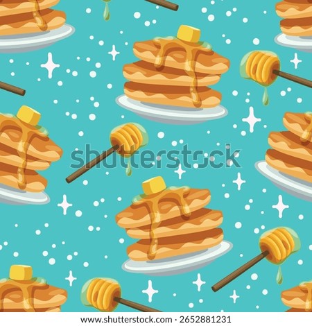 Seamless vector pattern of cute pancakes with syrup and honey dipper on a blue background. Perfect for fabric, packaging, wrapping paper, wallpaper and fashion prints or food-themed designs.