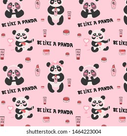 Seamless vector pattern with a cute panda and Korean cosmetics. Beauty products collection. Toner, cream, lotion, eye patches, serum. Hand drawn illustration. Colorful cosmetics background. Fashion.