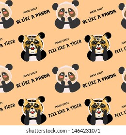 Seamless vector pattern with a cute panda and Korean cosmetics. Beauty products collection. Mask sheet for a face. Hand drawn illustration. Colorful cosmetics background. Freehand drawing.