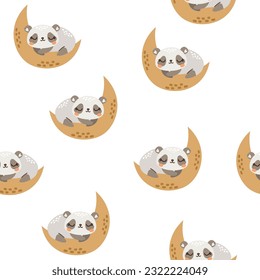 Seamless vector pattern. Cute panda sleeping on the moon.