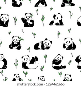 Seamless vector pattern with cute pandas and fern