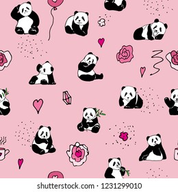 Seamless vector pattern with cute pandas, flowers and hearts on a pink background.