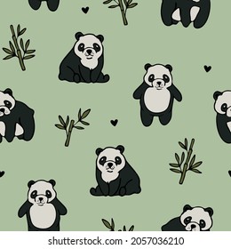 Patrón vectorial impecable con pandas lindos sobre fondo verde. Diseño de fondo de pantalla de animal dibujado a mano. Moda textil decorativa del zoo.
