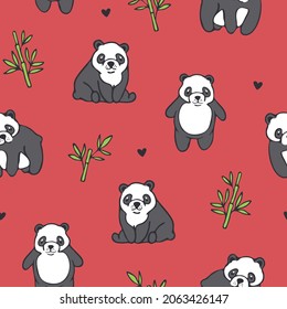 Seamless vector pattern with cute pandas on red background. Simple hand drawn animal wallpaper design. Decorative wildlife fashion textile.