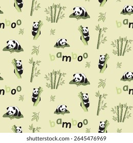 Seamless vector pattern with cute pandas, bamboo stems, and “bamboo” lettering on light green background — Asian wildlife repeat design