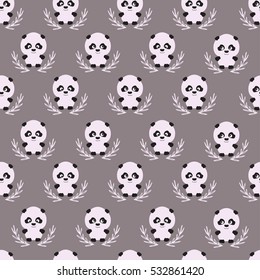 Seamless vector pattern with cute pandas in bamboo leaves