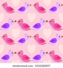 Seamless vector pattern with cute pastel-colored birds and hearts. Perfect for textiles, stationery, and home decor, adding a whimsical touch to children's products and Valentine's Day themes.