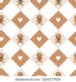 A seamless vector pattern with cute, pastel-colored Christmas elements on a checkerboard background. The playful, groovy style is simple, modern, and child-friendly, perfect for holiday wrapping