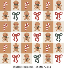 Um padrão de vetor sem emenda com elementos de Natal bonitos, pastel-coloridos em um fundo xadrez. O estilo divertido e groovy é simples, moderno e infantil, perfeito para embalar as férias