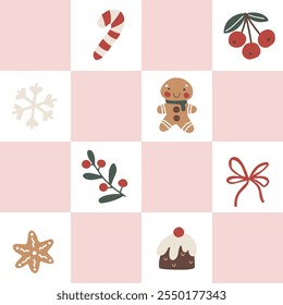 A seamless vector pattern with cute, pastel-colored Christmas elements on a checkerboard background. The playful, groovy style is simple, modern, and child-friendly, perfect for holiday wrapping