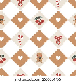 A seamless vector pattern with cute, pastel-colored Christmas elements on a checkerboard background. The playful, groovy style is simple, modern, and child-friendly, perfect for holiday wrapping