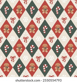 Um padrão de vetor sem emenda com elementos de Natal bonitos, pastel-coloridos em um fundo de diamante geométrico. O estilo divertido e groovy é simples, moderno e infantil, perfeito para embalar as férias