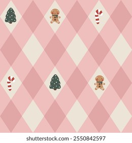 A seamless vector pattern with cute, pastel-colored Christmas elements on a geometric diamond background. The playful, groovy style is simple, modern, and child-friendly, perfect for holiday wrapping