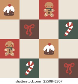 A seamless vector pattern with cute, pastel-colored Christmas elements on a checkerboard background. The playful, groovy style is simple, modern, and child-friendly, perfect for holiday wrapping