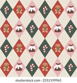 A seamless vector pattern with cute, pastel-colored Christmas elements on a geometric diamond background. The playful, groovy style is simple, modern, and child-friendly, perfect for holiday wrapping