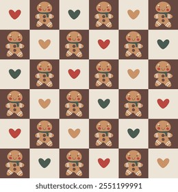 A seamless vector pattern with cute, pastel-colored Christmas elements on a checkerboard background. The playful, groovy style is simple, modern, and child-friendly, perfect for holiday wrapping