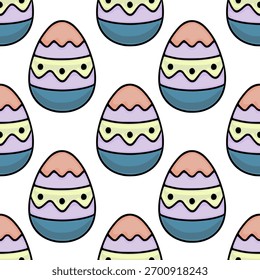 Seamless vector pattern of cute, pastel-colored Easter eggs with simple wavy lines and dot details.