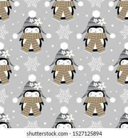 Seamless vector pattern with cute penguin girls and snowflakes on grey background. Perfect for textile, wallpaper or print design. You can find the matching logo in my Christmas set.