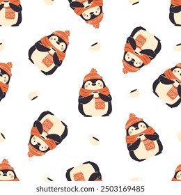 Seamless vector pattern. Cute penguin in scarf and hat drinking tea. Cute winter New Year illustration 