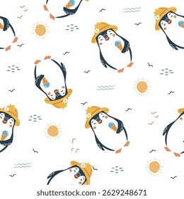 Seamless vector pattern. Cute penguin with straw hat holding ice cream cone, summer elements on white background 