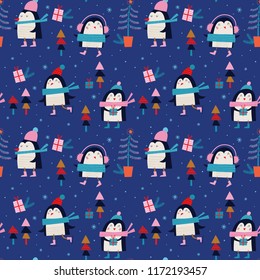 Seamless vector pattern with cute penguins. Can be used for wallpaper, pattern fills, web page background, surface textures, gifts. Creative Hand Drawn textures for winter holidays.