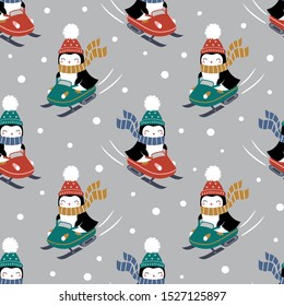 Seamless vector pattern with cute penguins on snowmobile. Perfect for textile, wallpaper or print design. You can find the matching logo in my Christmas set.