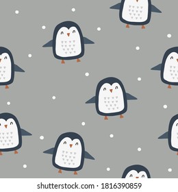 Seamless vector pattern with cute penguins. Can be used for wallpaper, pattern fills, web page background, surface textures, gifts. Creative Hand Drawn textures for winter holidays.