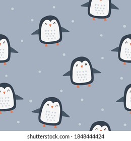 Seamless vector pattern with cute penguins. Can be used for wallpaper, pattern fills, web page background, surface textures, gifts. Creative Hand Drawn textures for winter holidays on blue background