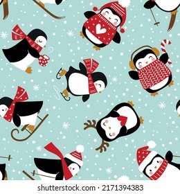 Seamless vector pattern with cute penguins and snowflakes on grey background. Perfect for textile, wallpaper or nursery print design.