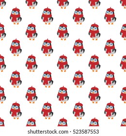 Seamless vector pattern with cute penguins in red hat and scarf on a white background