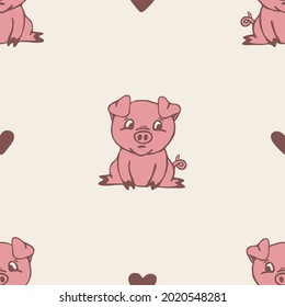 Seamless vector pattern with cute pig on off white background. Simple hand drawn animal wallpaper design. Decorative piglet fashion textile.